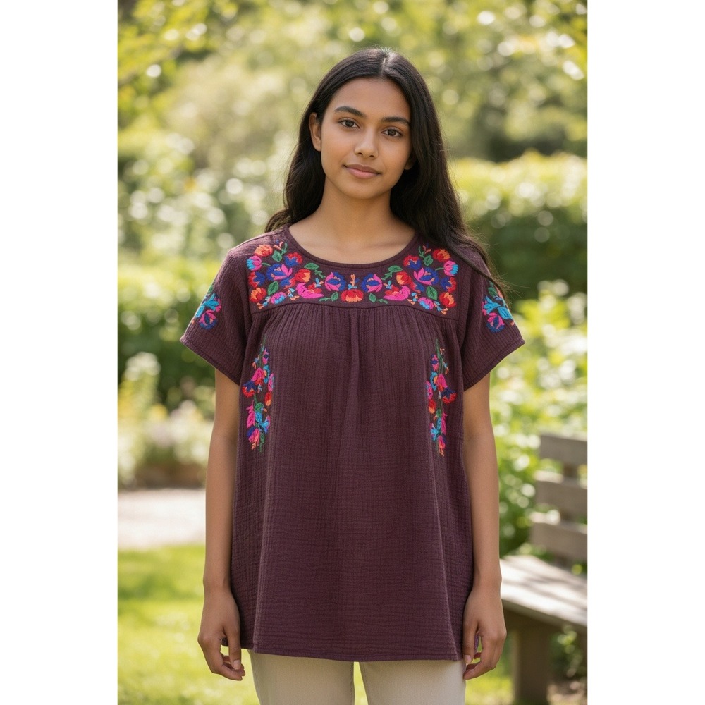 SEE AND BE SEEN Embroidered Peasant Blouse Tunic Top Burgundy Womens Size Medium